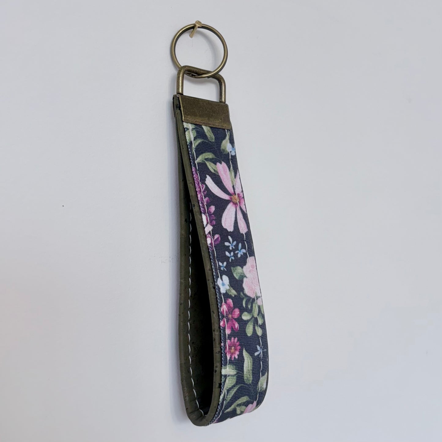 Porte-clé en coton à motifs de fleurs au liège vert, porte-clef, trousseau, dragonne