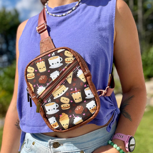 Sac de corps en canevas à motif de cafés et brownies, liège brun chocolat