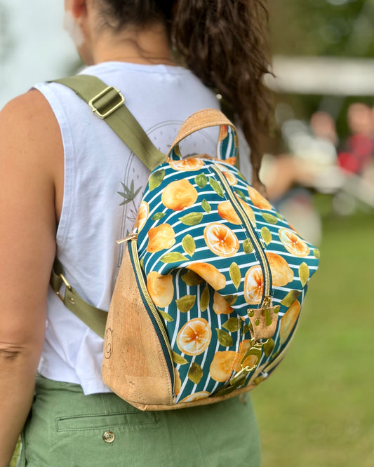 Sac à dos en canevas à motifs de lignes bleues et de citrons, liège naturel