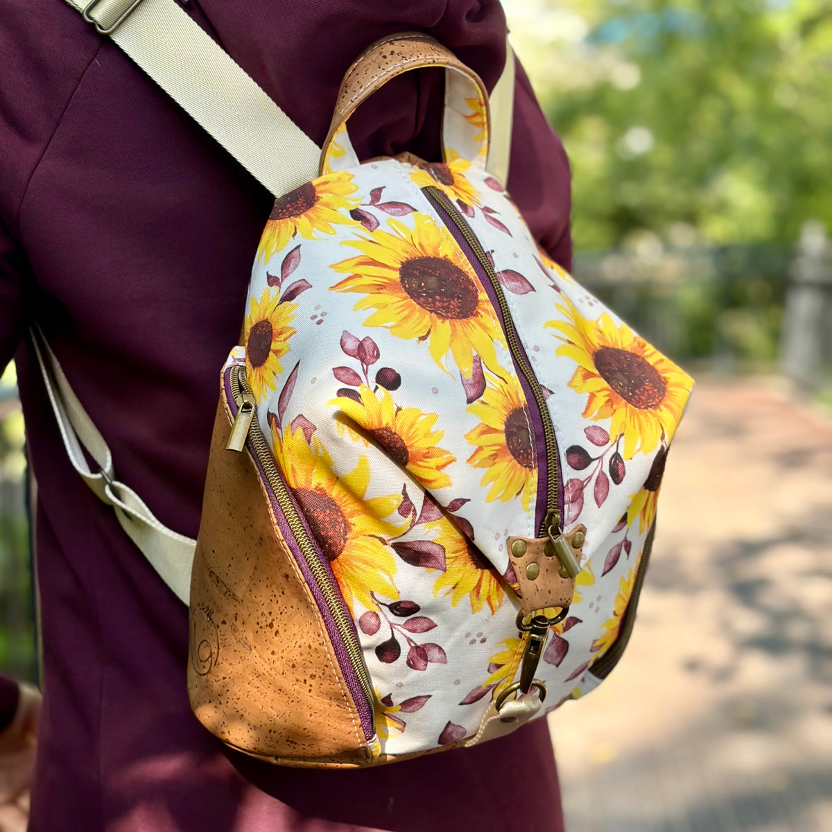 Sac à dos en canevas à motif de tournesols, liège brun pâle