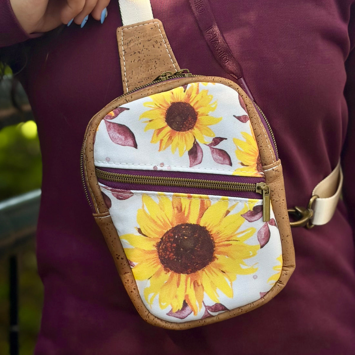Sac de corps en canevas à motif de tournesols, liège brun pâle
