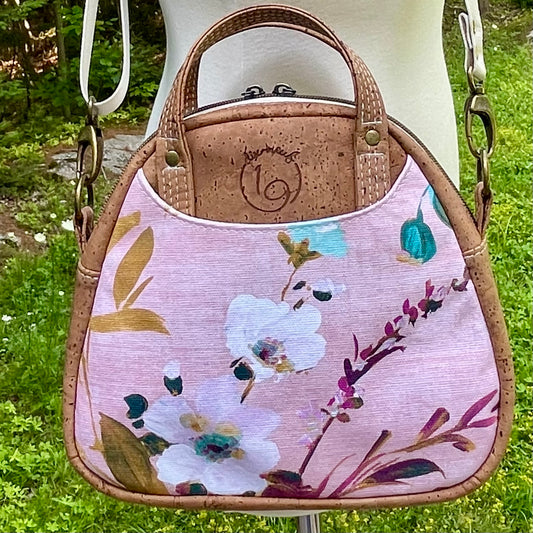 Montréal petit format - Sac à main à motif de fleurs et en liège brun pâle
