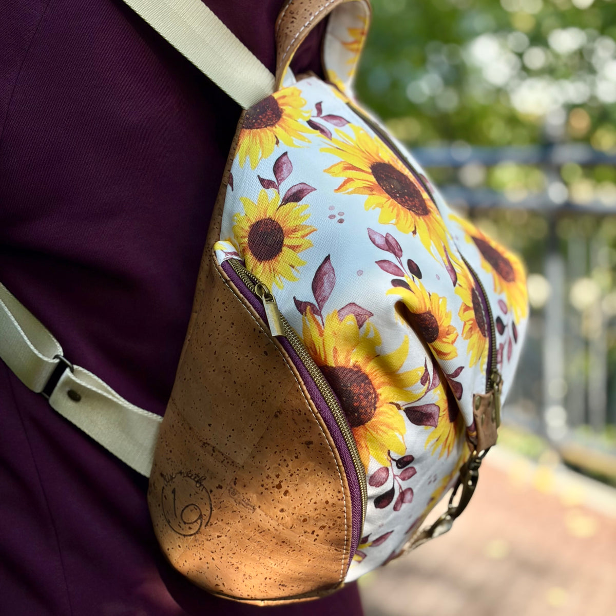 Sac à dos en canevas à motif de tournesols, liège brun pâle
