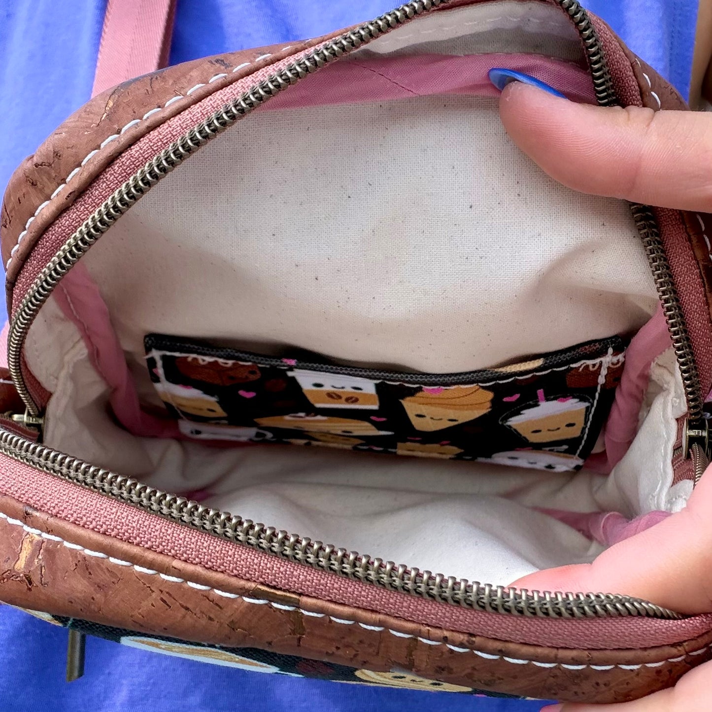 Sac bandoulière en canevas à motif de cafés et brownies, liège brun chocolat