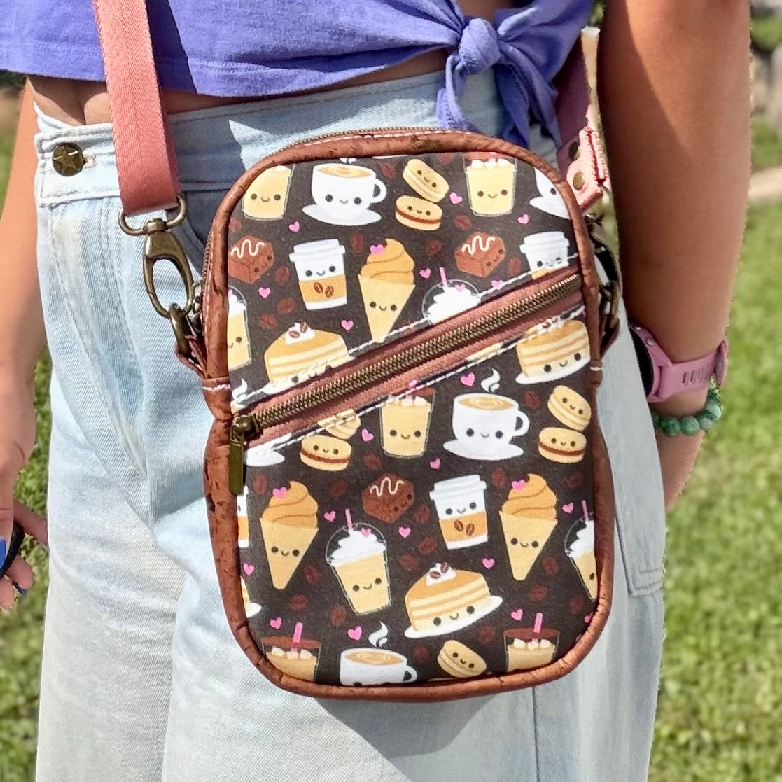 Sac bandoulière en canevas à motif de cafés et brownies, liège brun chocolat