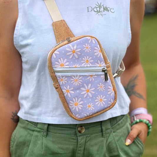 Sac de corps en canevas mauve à motifs de marguerites, liège naturel