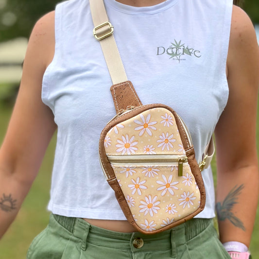 Sac de corps en canevas jaune à motifs de marguerites, liège brun pâle