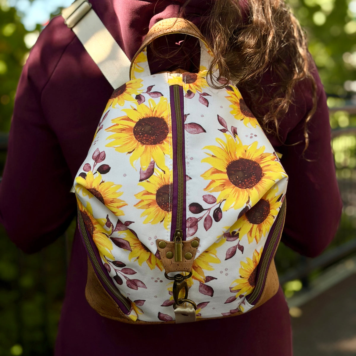Sac à dos en canevas à motif de tournesols, liège brun pâle