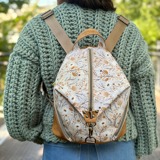 Sac à dos en canevas beige à motif de fleurs, liège brun pâle