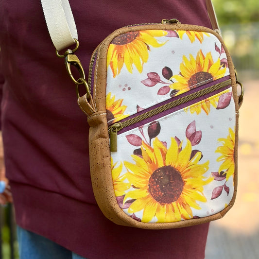 Sac bandoulière en canevas à motif de tournesols, liège brun pâle