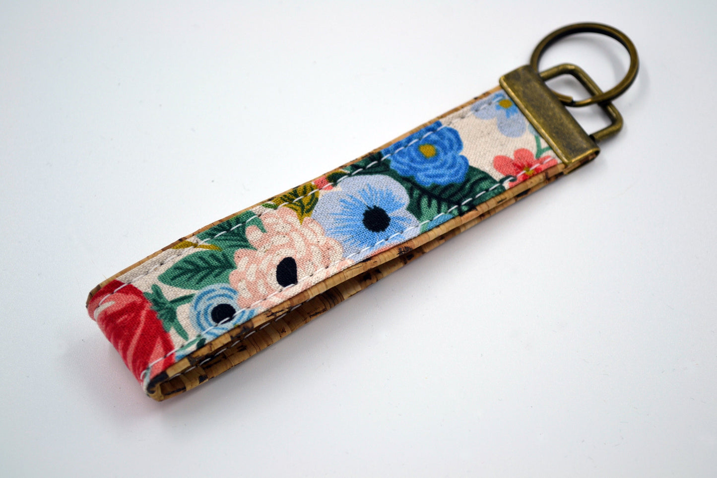 Porte-clé en coton à motifs de fleurs roses et bleues au liège naturel, porte-clef, trousseau, dragonne