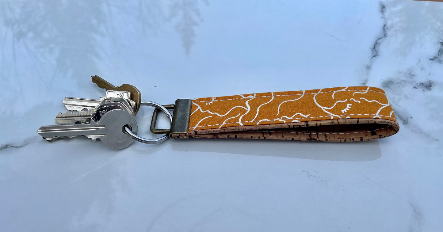 Porte-clé en coton orange à motifs de visages féminins au liège naturel ligné, porte-clef, trousseau, dragonne